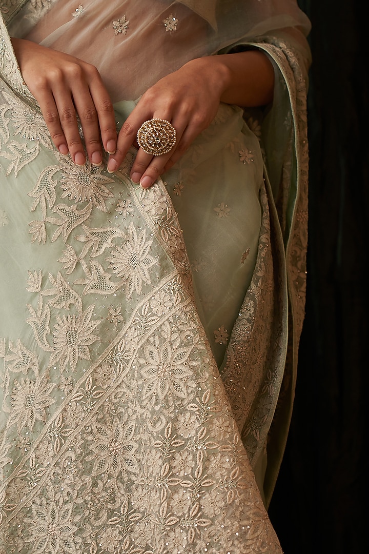 Green Organza Embroidered Reception Saree Set by Dhaaga & Co. by Savnit Gurnani at Pernia's Pop Up Shop