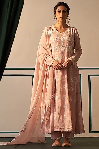 Pink Mul Chanderi Embroidered Anarkali Set by Dhaaga & Co. by Savnit Gurnani