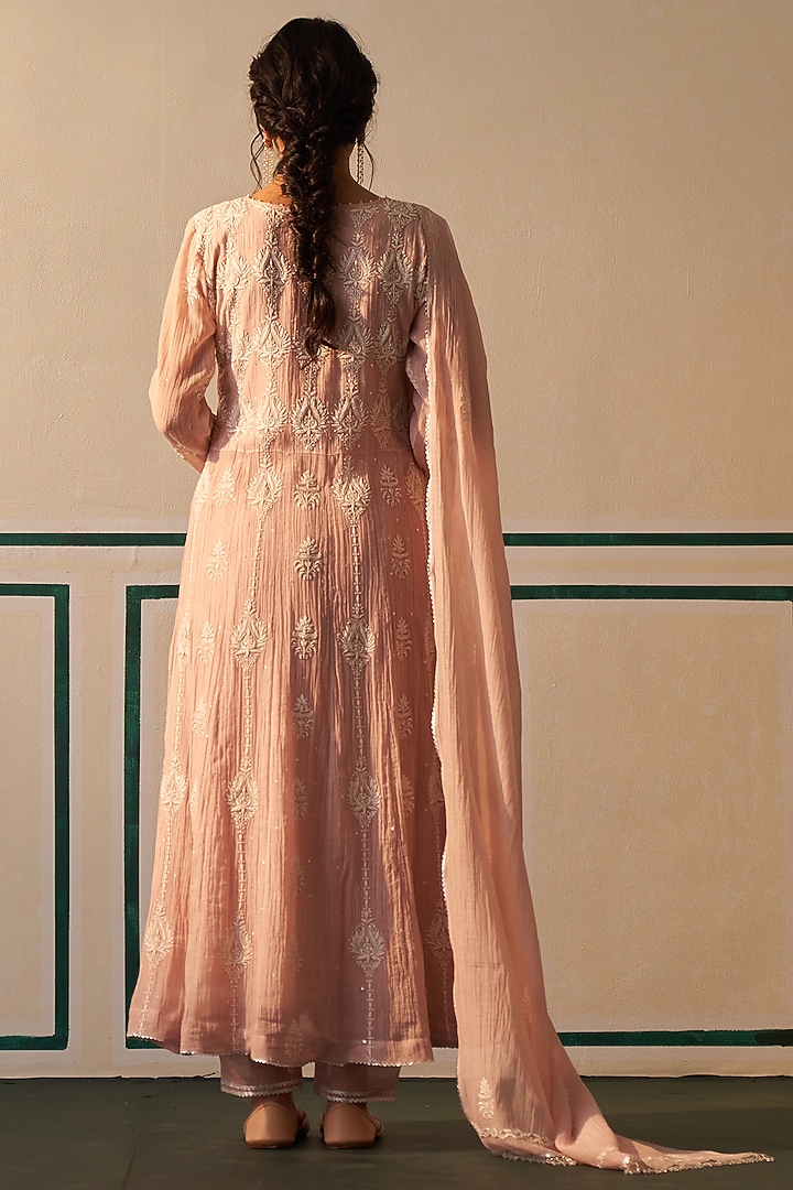 Pink Mul Chanderi Embroidered Party Wear Anarkali Set by Dhaaga & Co. by Savnit Gurnani at Pernia's Pop Up Shop