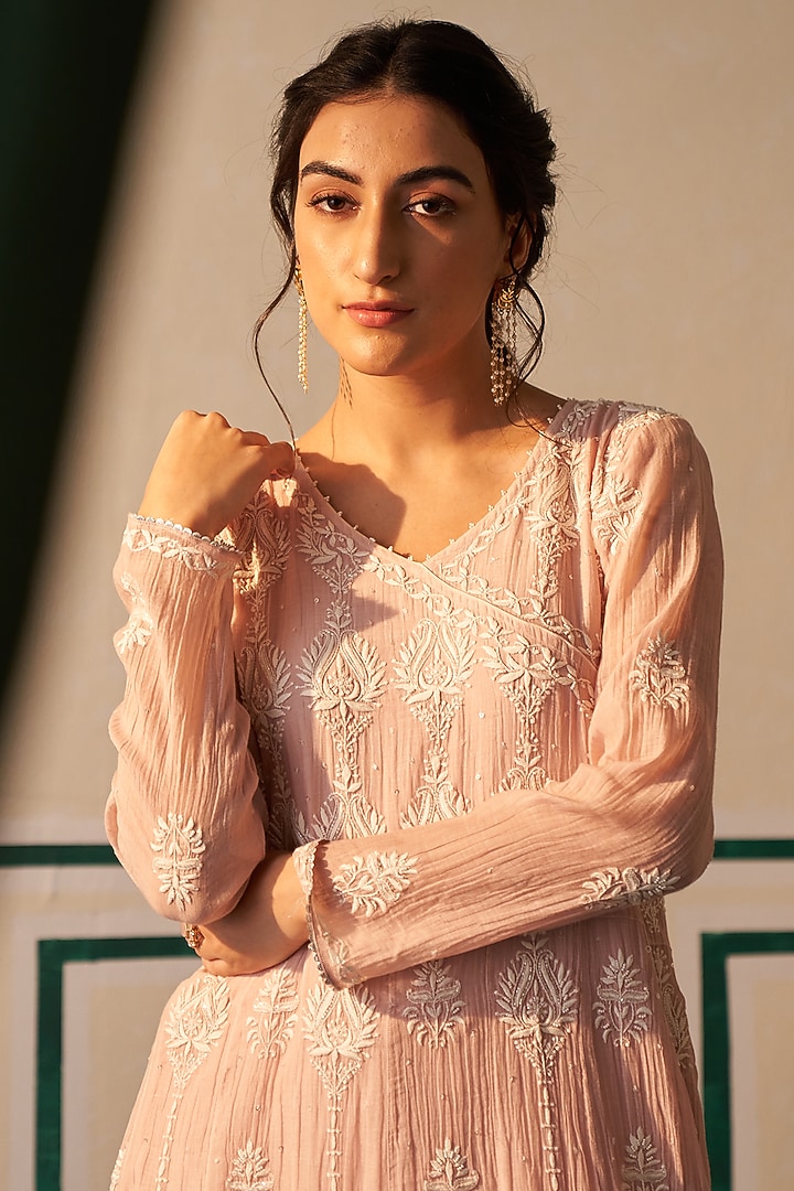 Pink Mul Chanderi Embroidered Party Wear Anarkali Set by Dhaaga & Co. by Savnit Gurnani at Pernia's Pop Up Shop