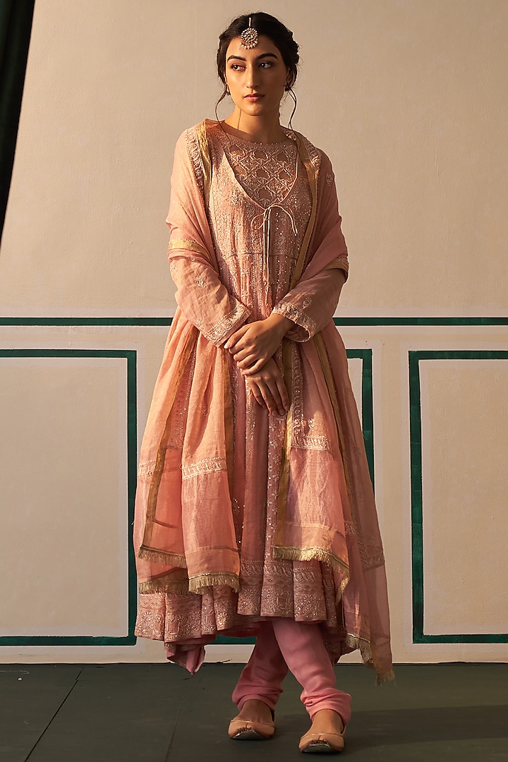 Pink Tissue Embroidered Anarkali Set by Dhaaga & Co. by Savnit Gurnani
