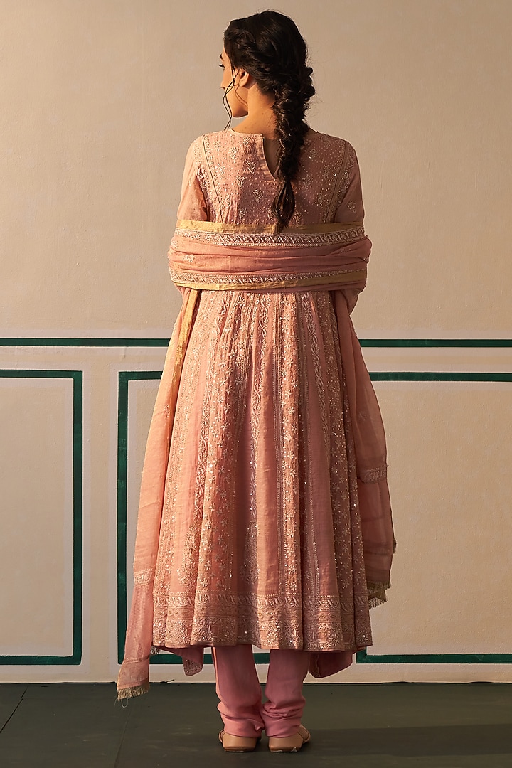 Pink Tissue Embroidered Wedding Anarkali Set by Dhaaga & Co. by Savnit Gurnani at Pernia's Pop Up Shop