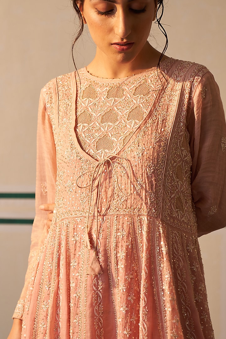 Pink Tissue Embroidered Wedding Anarkali Set by Dhaaga & Co. by Savnit Gurnani at Pernia's Pop Up Shop