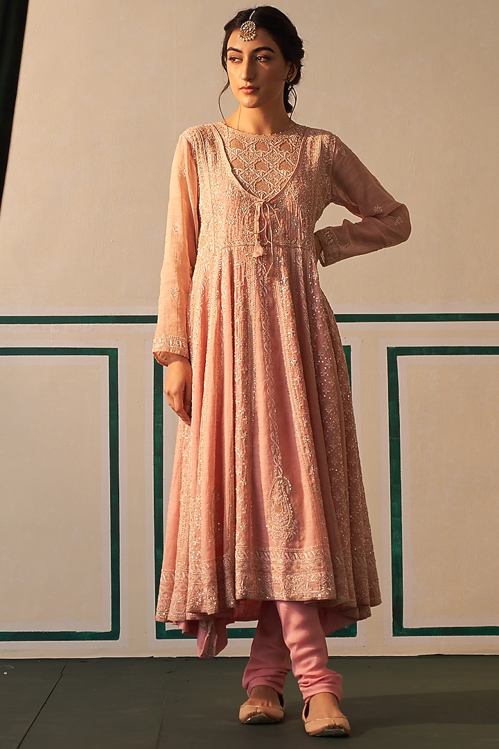 Pink Tissue Embroidered Wedding Anarkali Set by Dhaaga & Co. by Savnit Gurnani at Pernia's Pop Up Shop