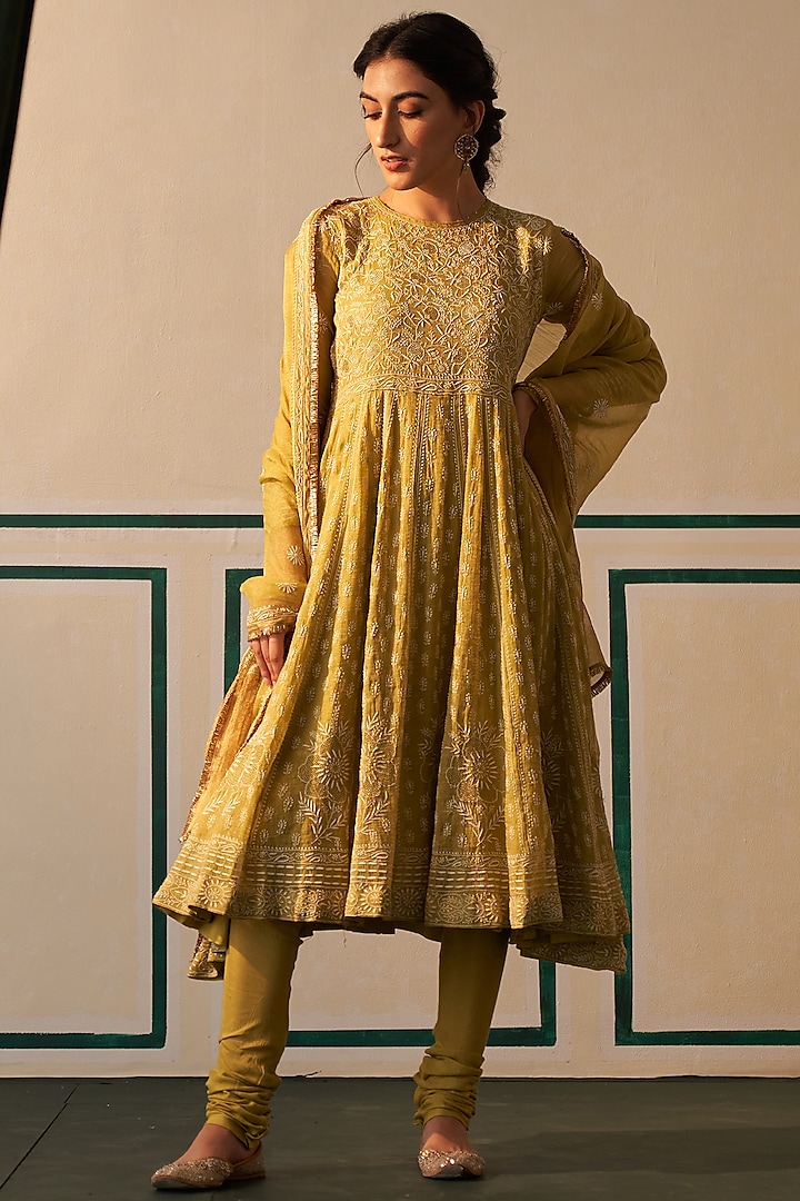 Lime Green Tissue Embroidered Anarkali Set by Dhaaga & Co. by Savnit Gurnani