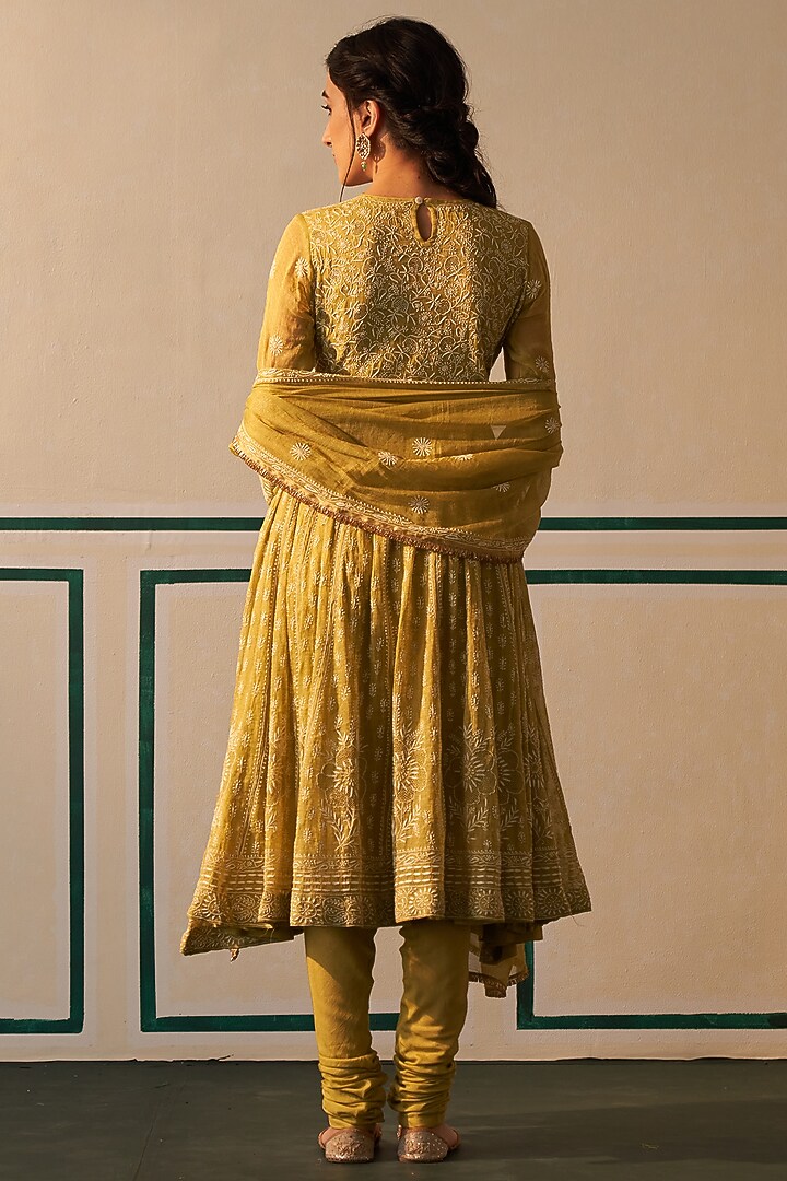 Lime Green Tissue Embroidered Wedding Anarkali Set by Dhaaga & Co. by Savnit Gurnani at Pernia's Pop Up Shop
