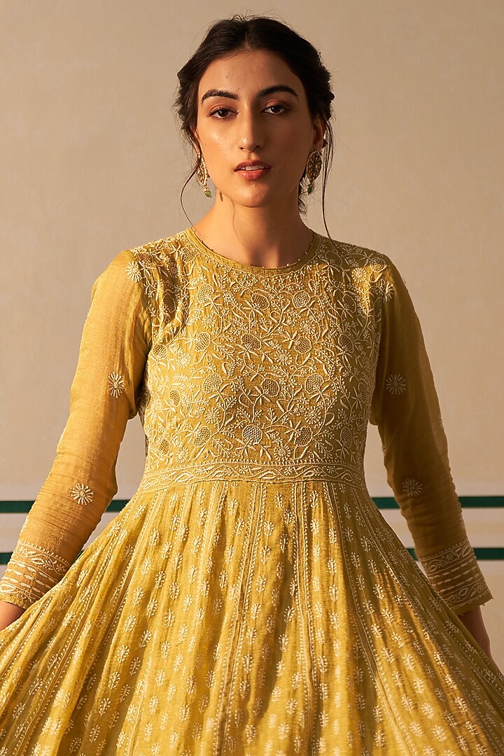 Lime Green Tissue Embroidered Wedding Anarkali Set by Dhaaga & Co. by Savnit Gurnani at Pernia's Pop Up Shop