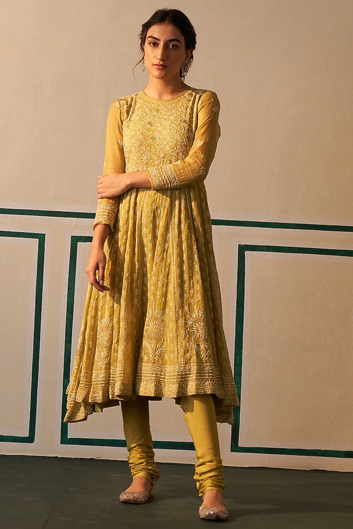 Lime Green Tissue Embroidered Wedding Anarkali Set by Dhaaga & Co. by Savnit Gurnani at Pernia's Pop Up Shop