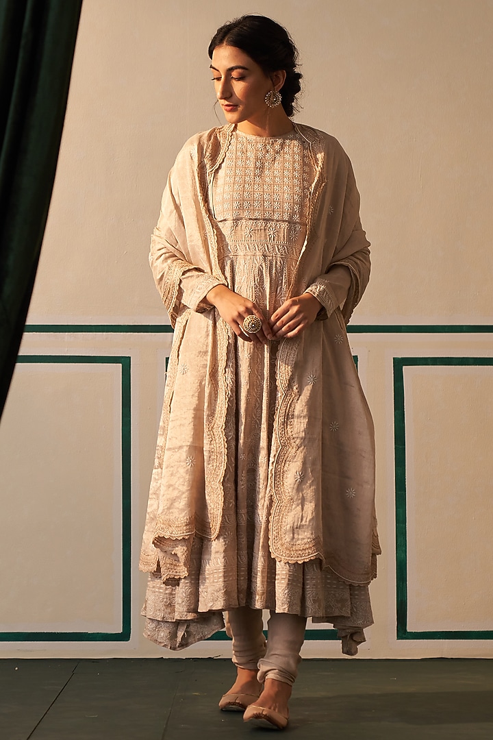 Silver Zari Tissue Chanderi Embroidered Wedding Anarkali Set by Dhaaga & Co. by Savnit Gurnani at Pernia's Pop Up Shop