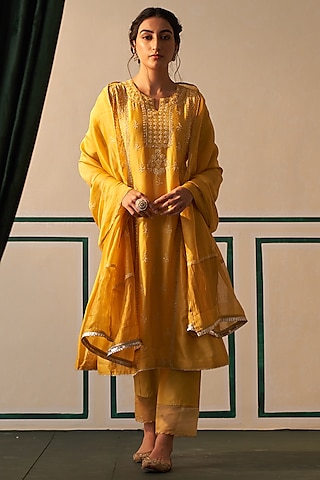 Mango Yellow Chanderi Embroidered Anarkali Set by Dhaaga & Co. by Savnit Gurnani