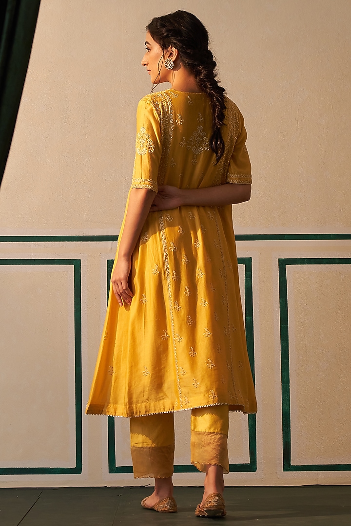Mango Yellow Chanderi Embroidered Wedding Anarkali Set by Dhaaga & Co. by Savnit Gurnani at Pernia's Pop Up Shop