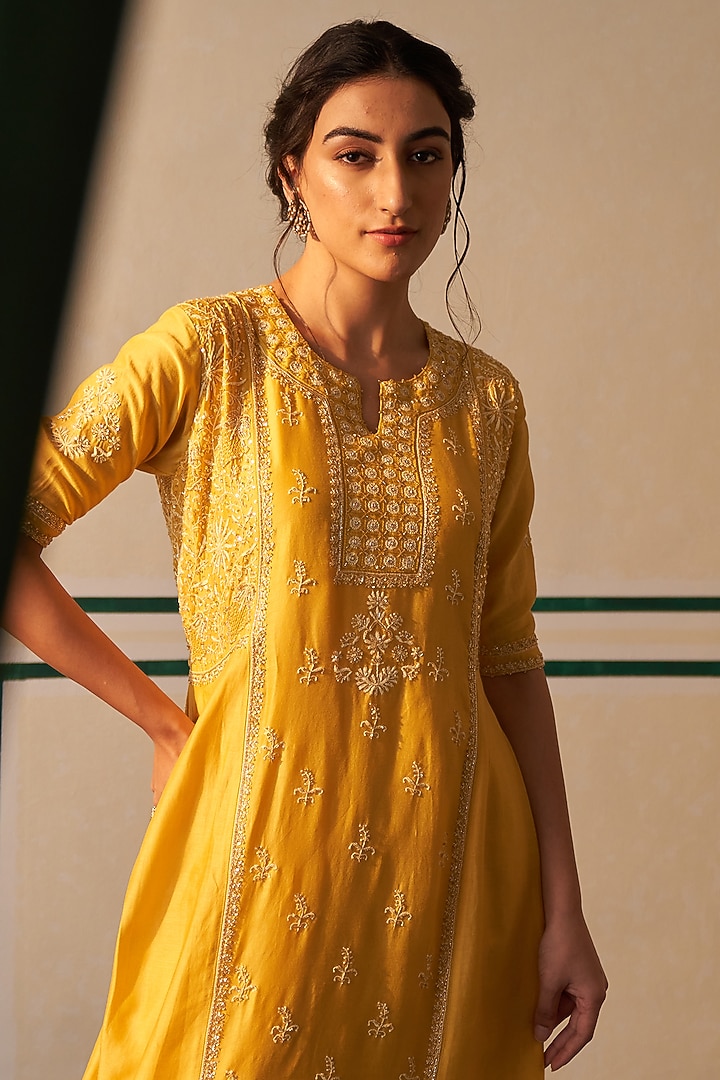 Mango Yellow Chanderi Embroidered Wedding Anarkali Set by Dhaaga & Co. by Savnit Gurnani at Pernia's Pop Up Shop