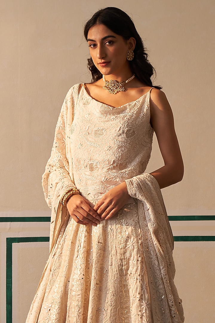 White Chanderi Embroidered Wedding Anarkali Set by Dhaaga & Co. by Savnit Gurnani at Pernia's Pop Up Shop