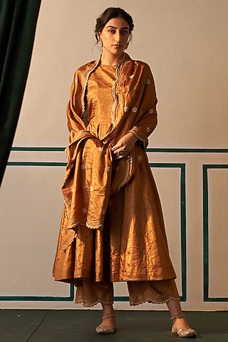 Metallic Copper Tissue Embroidered Anarkali Set by Dhaaga & Co. by Savnit Gurnani