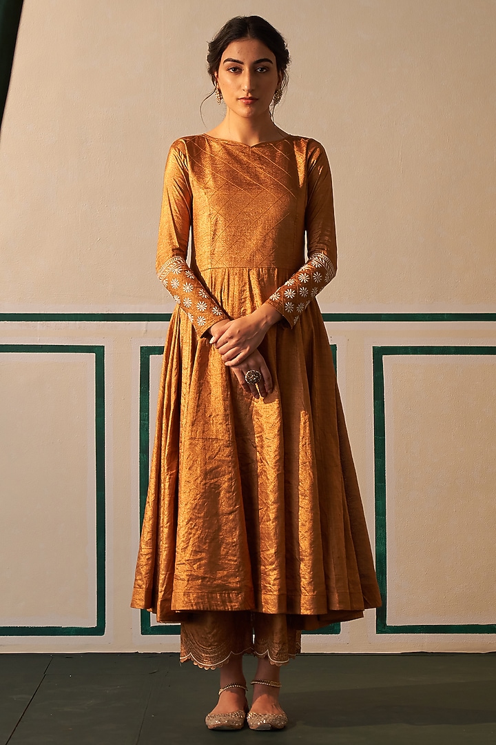 Metallic Copper Tissue Embroidered Wedding Anarkali Set by Dhaaga & Co. by Savnit Gurnani at Pernia's Pop Up Shop