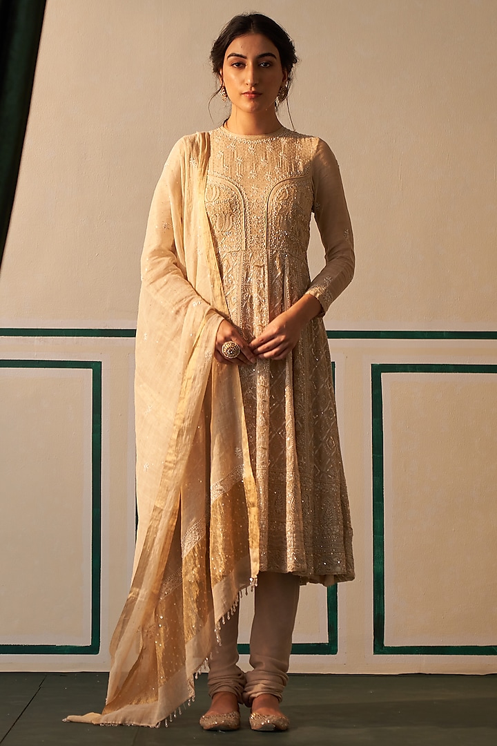 Gold Tissue Embroidered Anarkali Set by Dhaaga & Co. by Savnit Gurnani