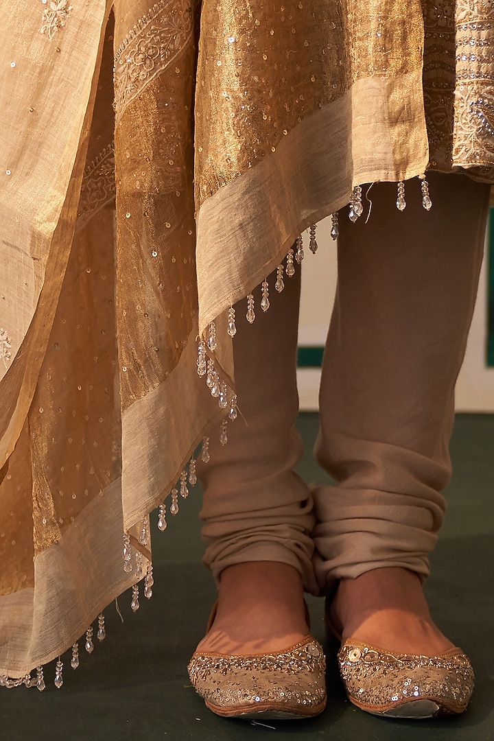 Gold Tissue Embroidered Wedding Anarkali Set by Dhaaga & Co. by Savnit Gurnani at Pernia's Pop Up Shop
