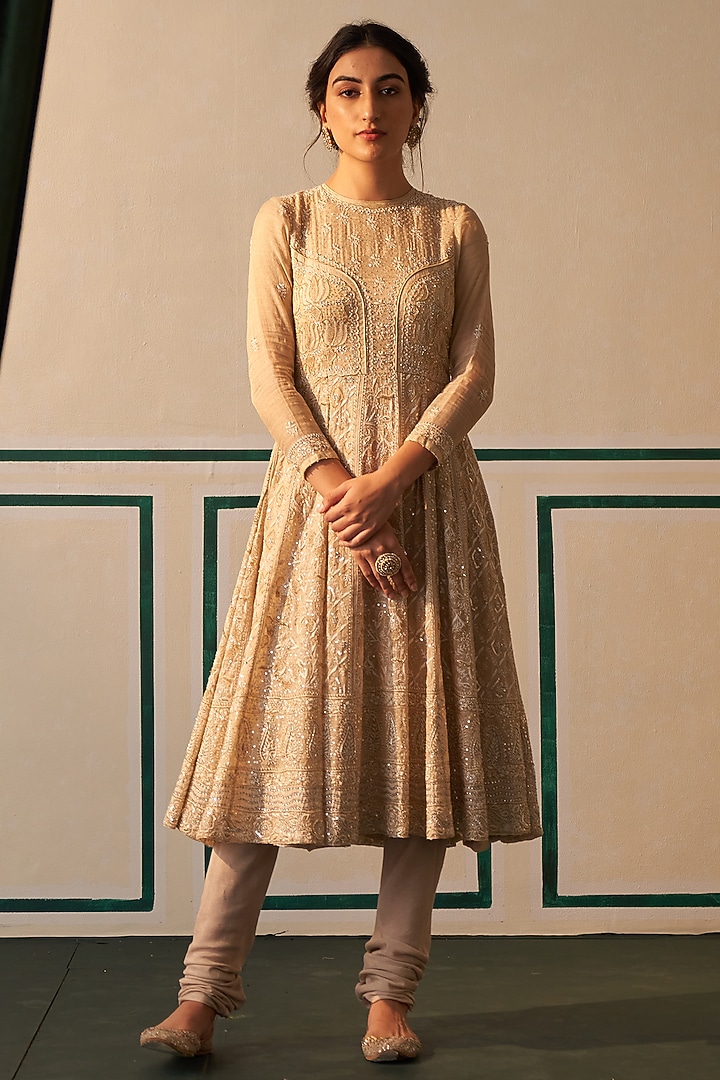 Gold Tissue Embroidered Wedding Anarkali Set by Dhaaga & Co. by Savnit Gurnani at Pernia's Pop Up Shop