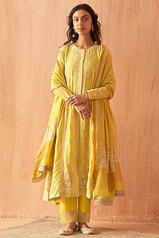 Yellow Chanderi Embroidered Anarkali Set by Dhaaga & Co. by Savnit Gurnani