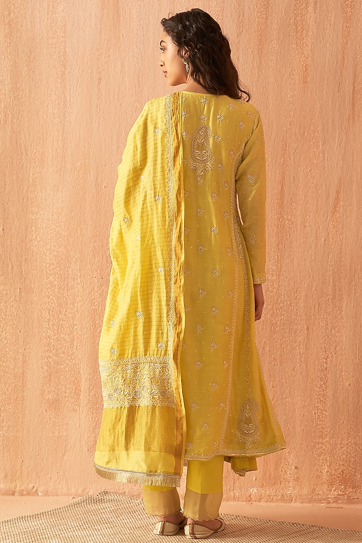 Yellow Chanderi Embroidered Wedding Anarkali Set by Dhaaga & Co. by Savnit Gurnani at Pernia's Pop Up Shop