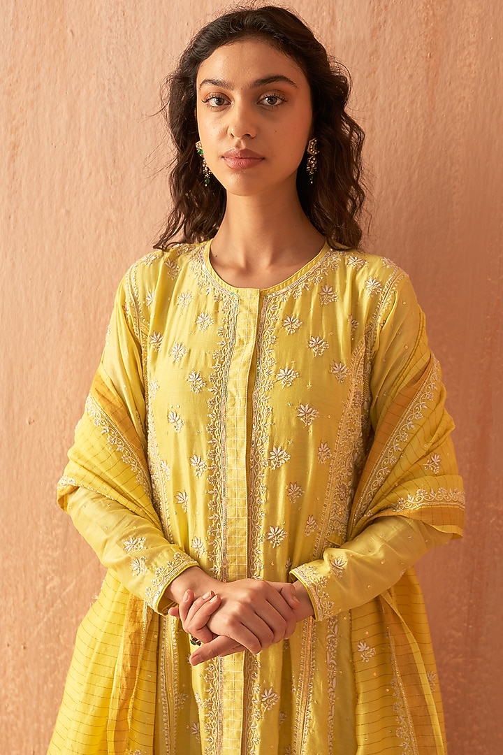 Yellow Chanderi Embroidered Wedding Anarkali Set by Dhaaga & Co. by Savnit Gurnani at Pernia's Pop Up Shop