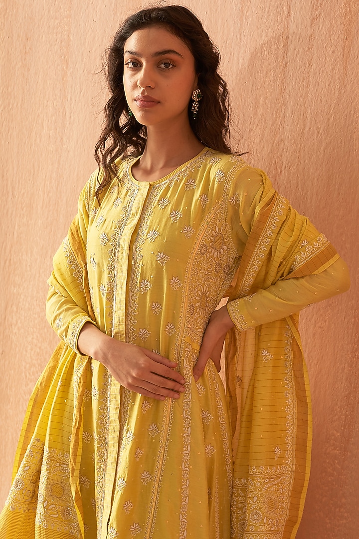Yellow Chanderi Embroidered Wedding Anarkali Set by Dhaaga & Co. by Savnit Gurnani at Pernia's Pop Up Shop