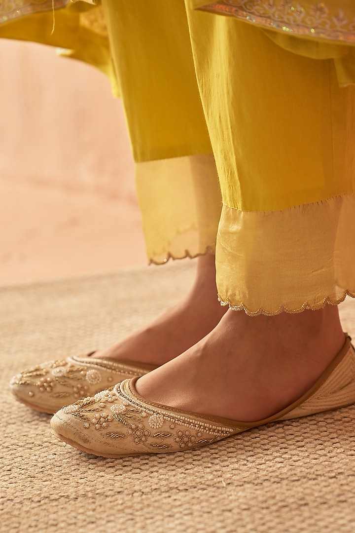 Yellow Chanderi Embroidered Wedding Anarkali Set by Dhaaga & Co. by Savnit Gurnani at Pernia's Pop Up Shop