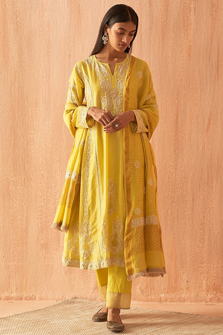Yellow Chanderi Embroidered Anarkali Set by Dhaaga & Co. by Savnit Gurnani