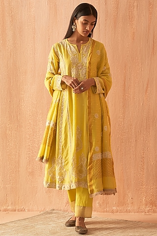 Yellow Chanderi Embroidered Anarkali Set by Dhaaga & Co. by Savnit Gurnani