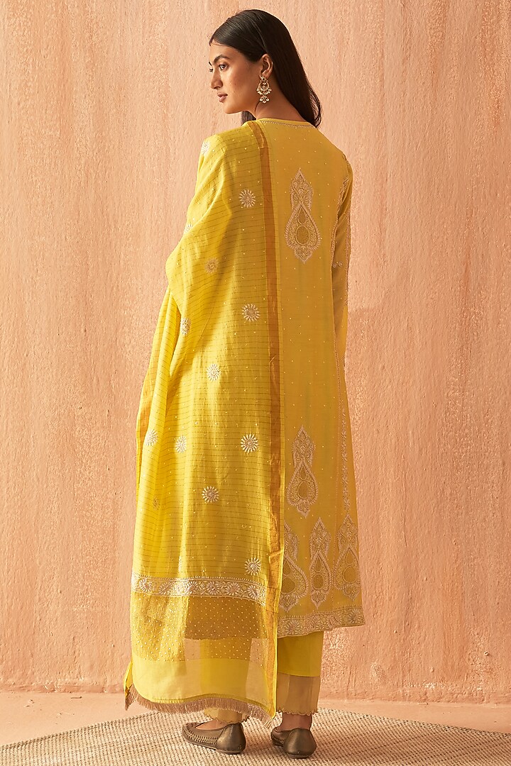 Yellow Chanderi Embroidered Wedding Anarkali Set by Dhaaga & Co. by Savnit Gurnani at Pernia's Pop Up Shop