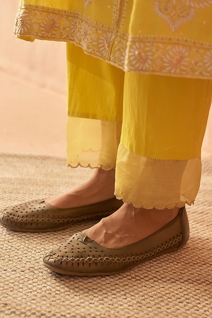 Yellow Chanderi Embroidered Wedding Anarkali Set by Dhaaga & Co. by Savnit Gurnani at Pernia's Pop Up Shop