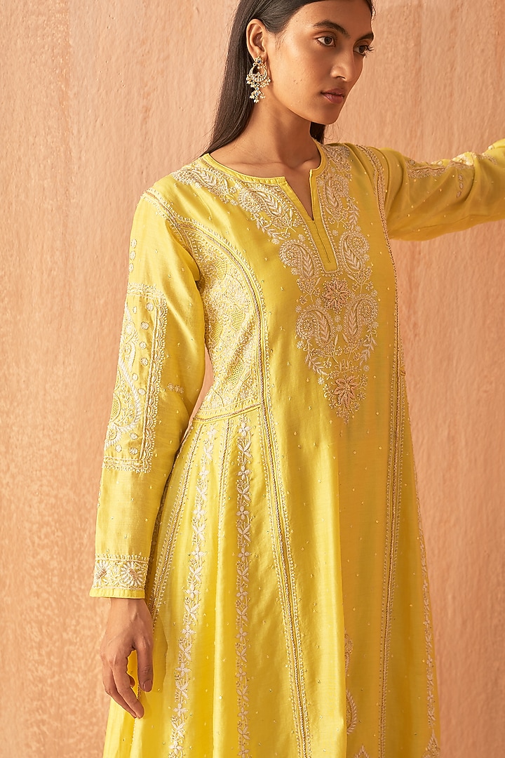Yellow Chanderi Embroidered Wedding Anarkali Set by Dhaaga & Co. by Savnit Gurnani at Pernia's Pop Up Shop