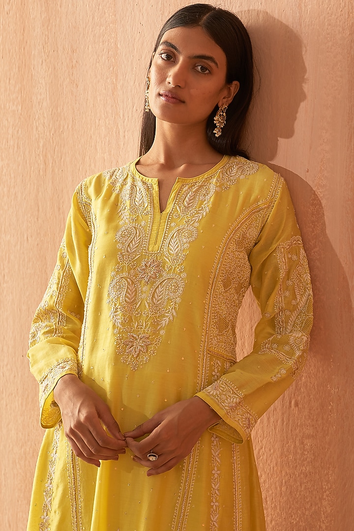 Yellow Chanderi Embroidered Wedding Anarkali Set by Dhaaga & Co. by Savnit Gurnani at Pernia's Pop Up Shop