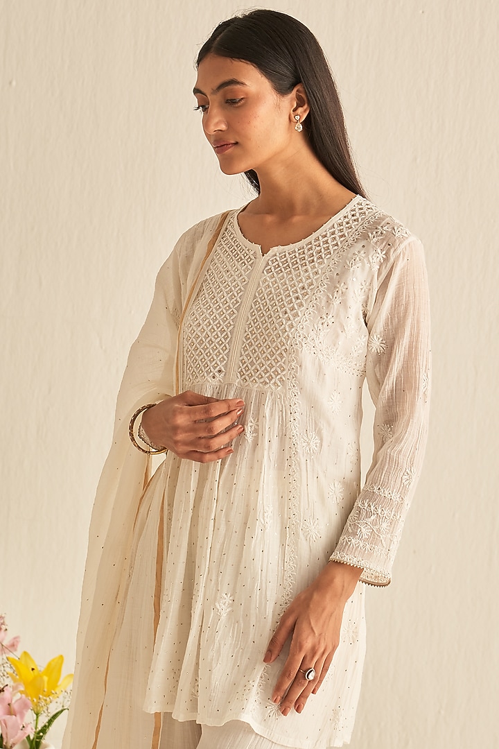 White Mul Chanderi Embroidered Party Wear Sharara Set by Dhaaga & Co. by Savnit Gurnani at Pernia's Pop Up Shop