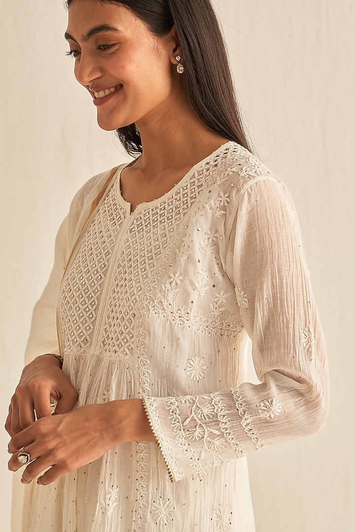 White Mul Chanderi Embroidered Party Wear Sharara Set by Dhaaga & Co. by Savnit Gurnani at Pernia's Pop Up Shop