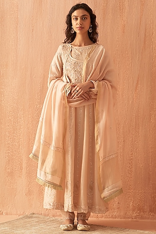 White Chanderi Embroidered Angrakha Anarkali Set by Dhaaga & Co. by Savnit Gurnani