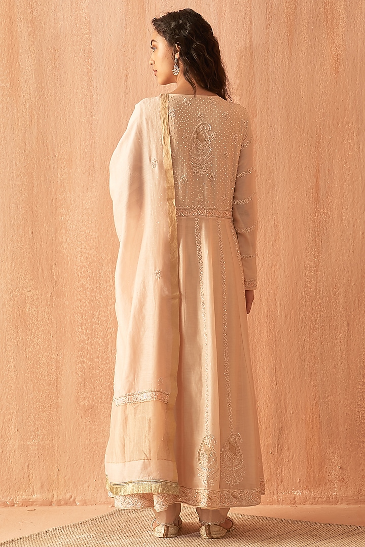 White Chanderi Embroidered Angrakha Wedding Anarkali Set by Dhaaga & Co. by Savnit Gurnani at Pernia's Pop Up Shop