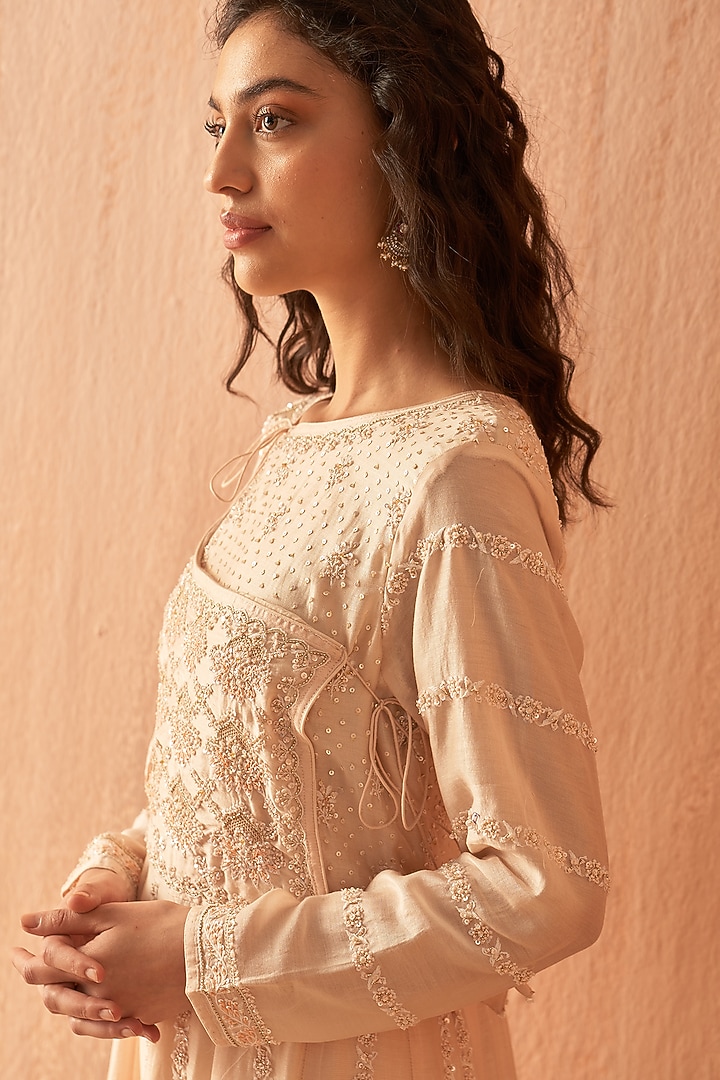 White Chanderi Embroidered Angrakha Wedding Anarkali Set by Dhaaga & Co. by Savnit Gurnani at Pernia's Pop Up Shop