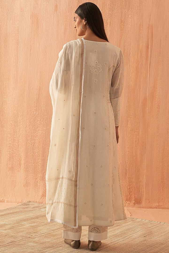 White Chanderi Embroidered Party Wear Anarkali Set by Dhaaga & Co. by Savnit Gurnani at Pernia's Pop Up Shop