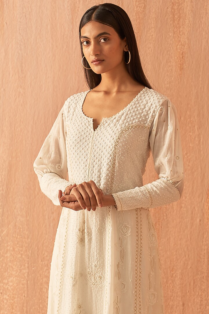 White Chanderi Embroidered Party Wear Anarkali Set by Dhaaga & Co. by Savnit Gurnani at Pernia's Pop Up Shop