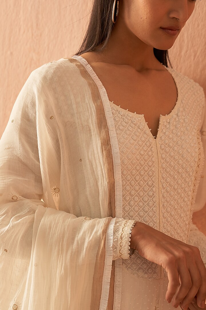 White Chanderi Embroidered Party Wear Anarkali Set by Dhaaga & Co. by Savnit Gurnani at Pernia's Pop Up Shop