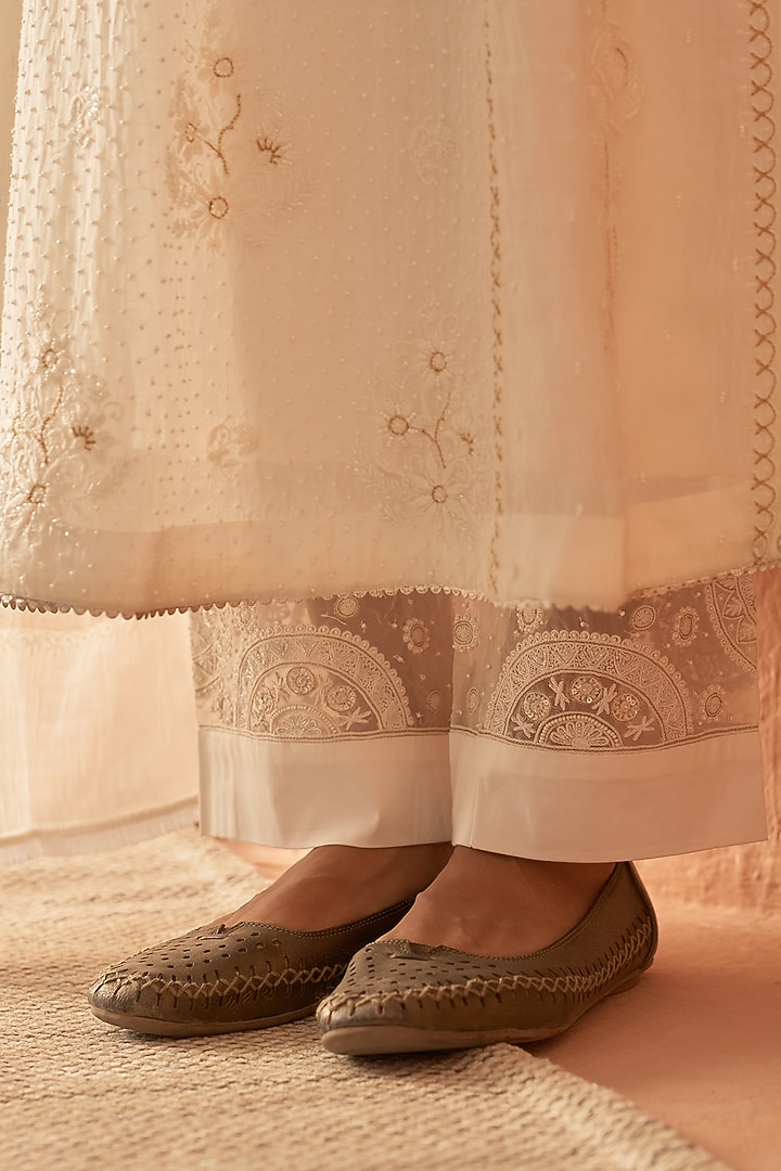 White Chanderi Embroidered Party Wear Anarkali Set by Dhaaga & Co. by Savnit Gurnani at Pernia's Pop Up Shop
