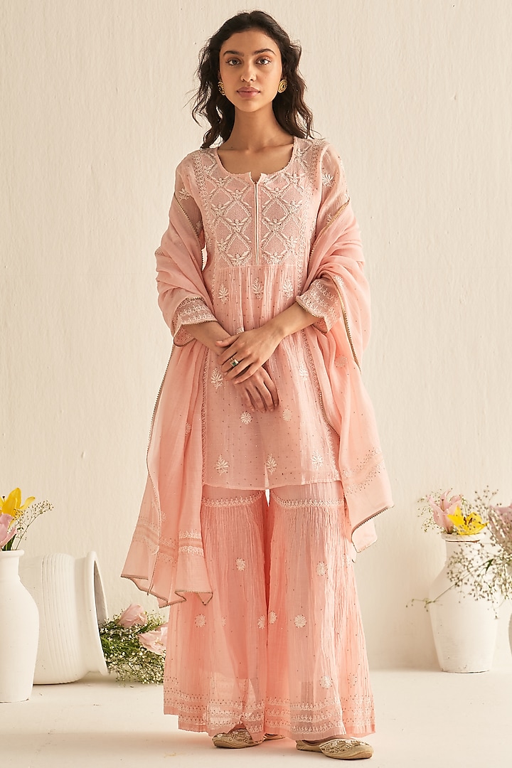 Pink Mul Chanderi Embroidered Sharara Set by Dhaaga & Co. by Savnit Gurnani