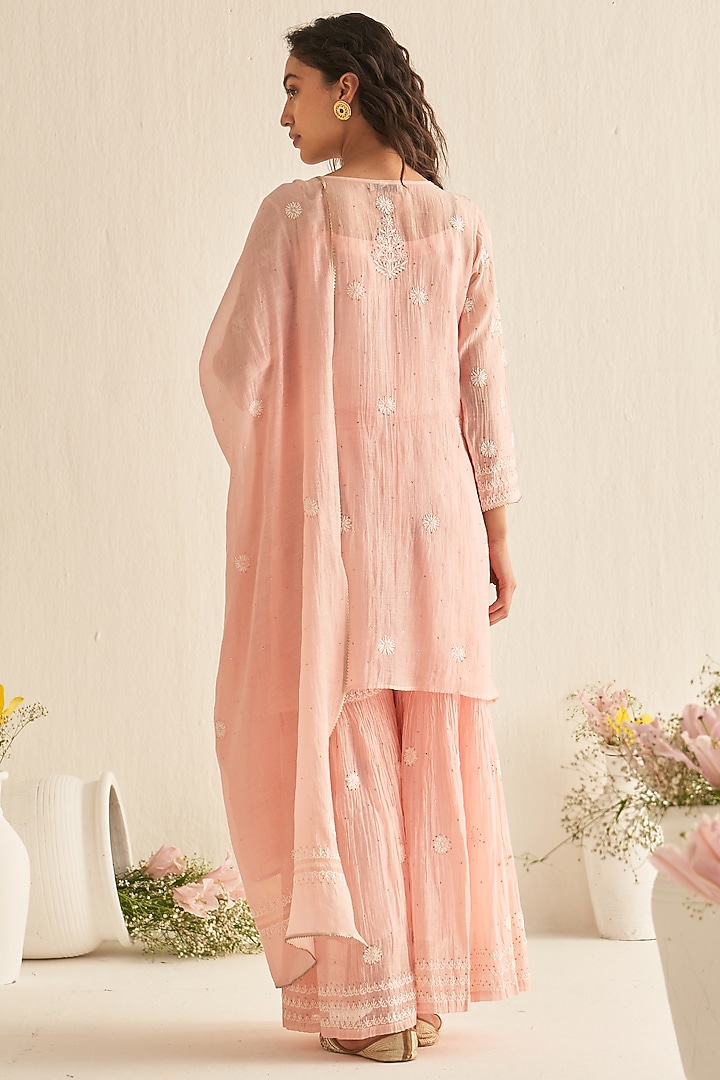 Pink Mul Chanderi Embroidered Party Wear Sharara Set by Dhaaga & Co. by Savnit Gurnani at Pernia's Pop Up Shop