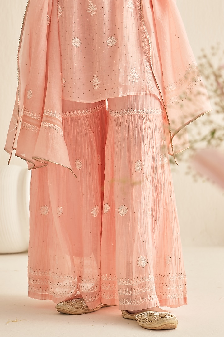 Pink Mul Chanderi Embroidered Party Wear Sharara Set by Dhaaga & Co. by Savnit Gurnani at Pernia's Pop Up Shop