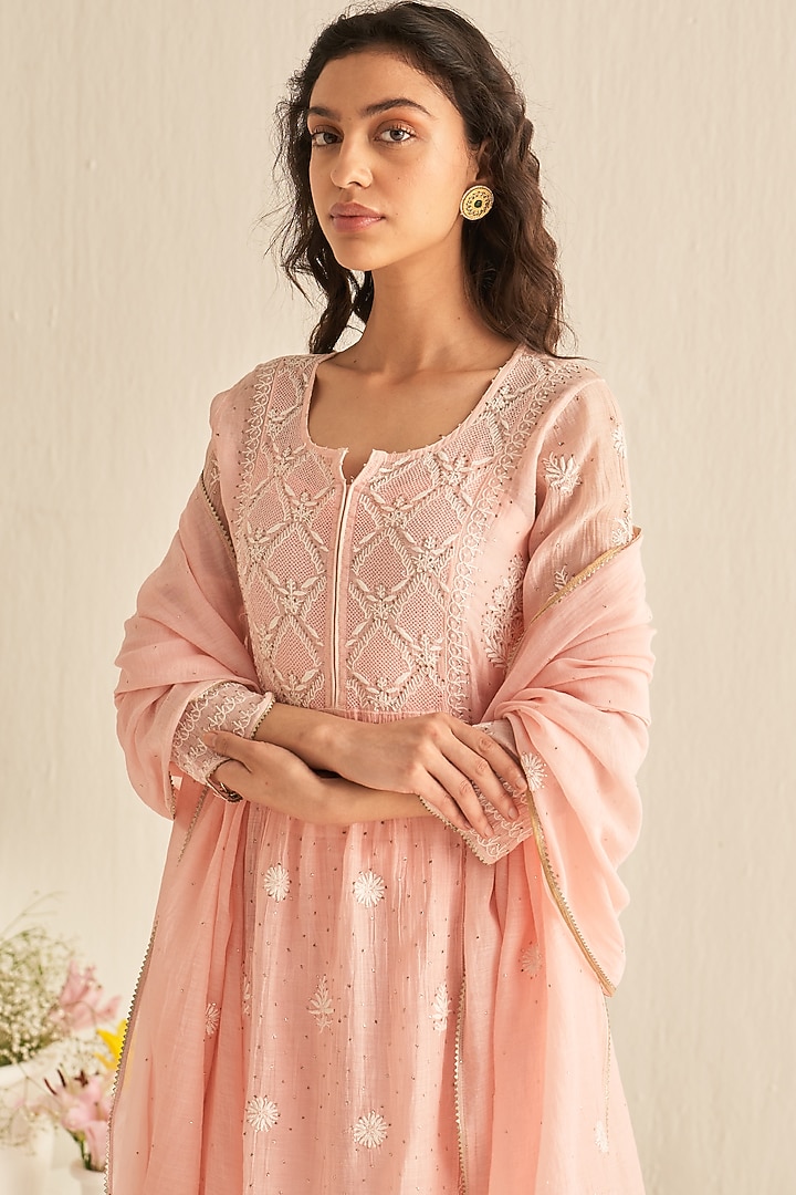 Pink Mul Chanderi Embroidered Party Wear Sharara Set by Dhaaga & Co. by Savnit Gurnani at Pernia's Pop Up Shop