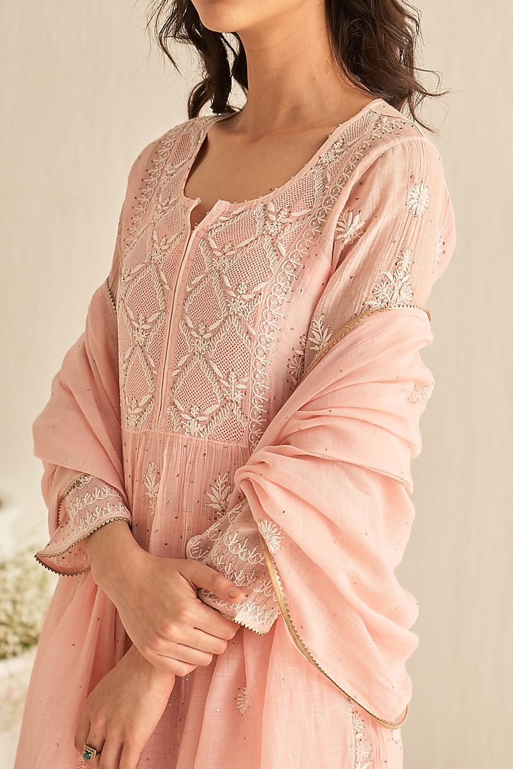 Pink Mul Chanderi Embroidered Party Wear Sharara Set by Dhaaga & Co. by Savnit Gurnani at Pernia's Pop Up Shop
