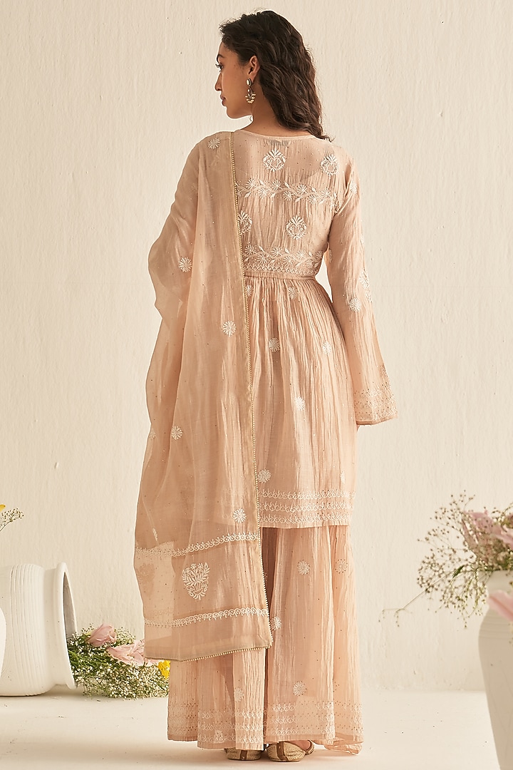 Peach Mul Chanderi Embroidered Party Wear Sharara Set by Dhaaga & Co. by Savnit Gurnani at Pernia's Pop Up Shop