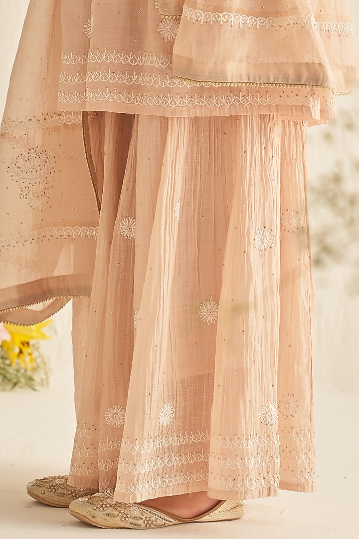 Peach Mul Chanderi Embroidered Party Wear Sharara Set by Dhaaga & Co. by Savnit Gurnani at Pernia's Pop Up Shop