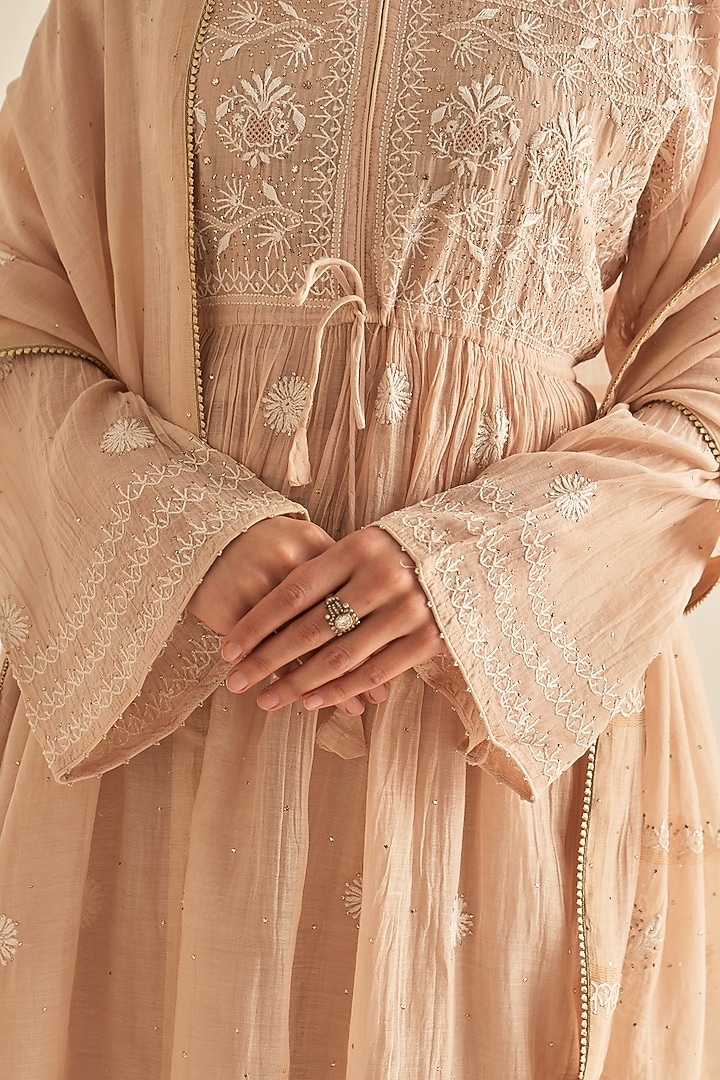 Peach Mul Chanderi Embroidered Party Wear Sharara Set by Dhaaga & Co. by Savnit Gurnani at Pernia's Pop Up Shop